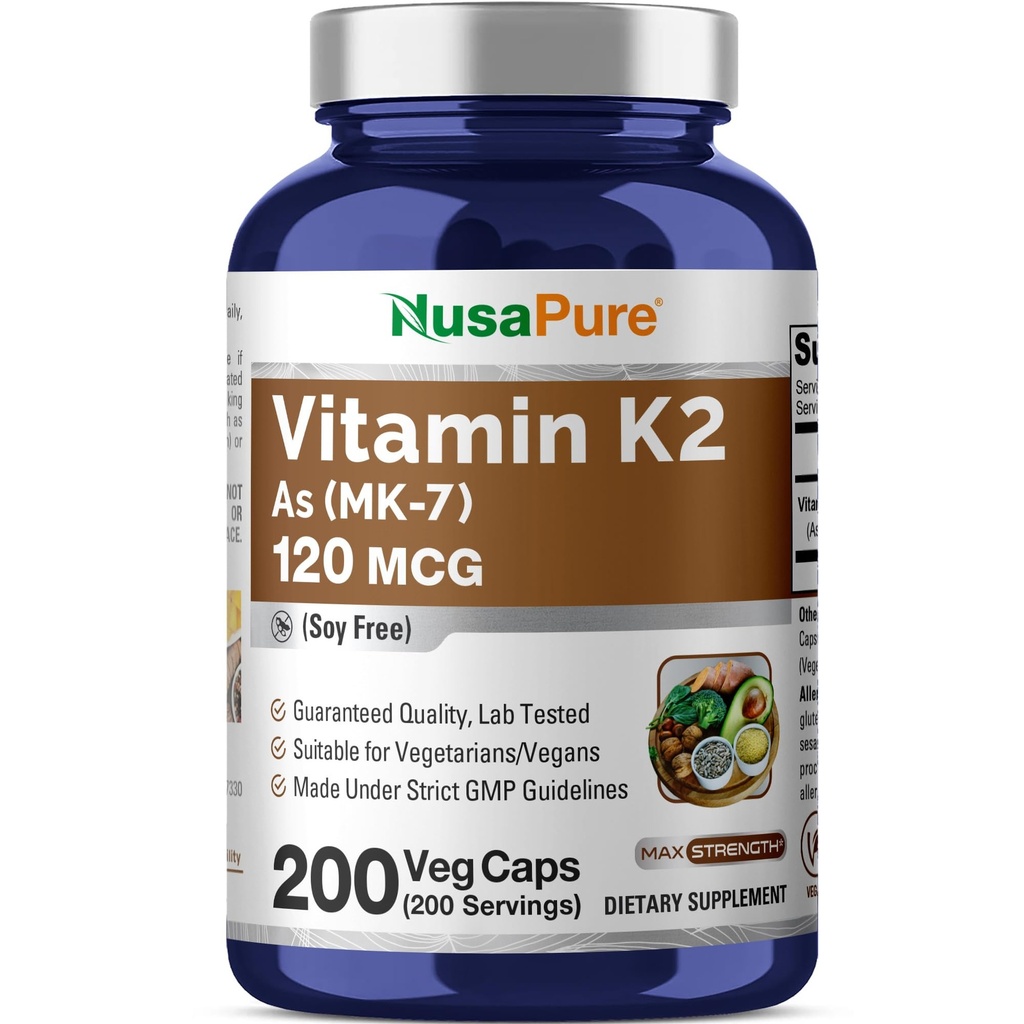 NusaPure Vitamin K2 MK7 120 μg 200 Veggie Caps (brez soje, ne-GMO, Vegan)