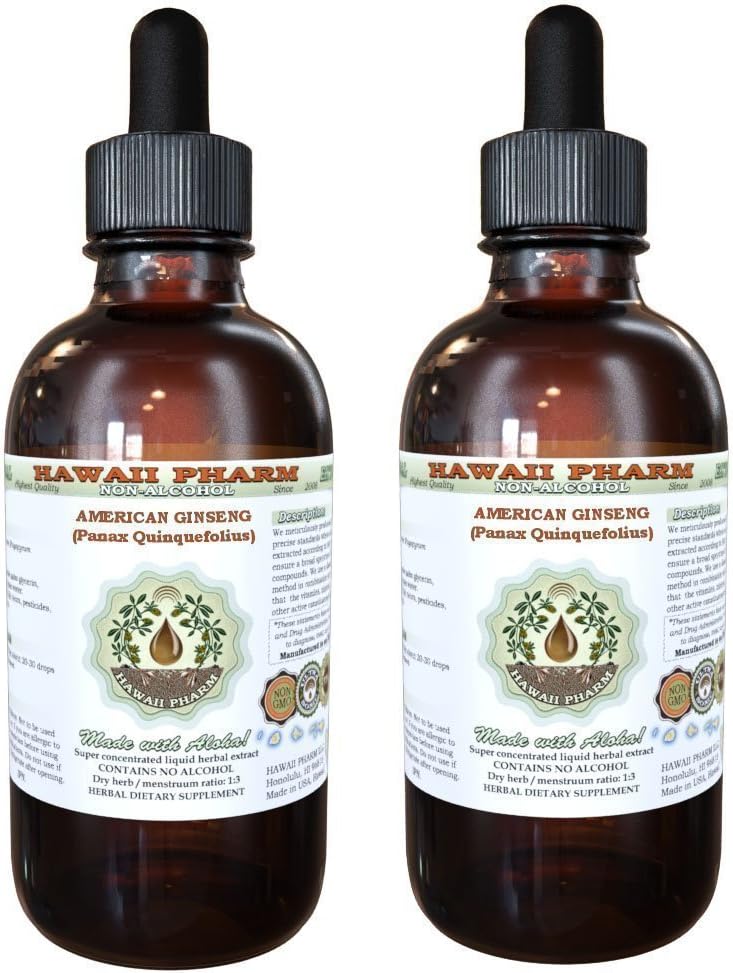 Ameriški ginseng brez alkohola tekoči ekstrakt, ginseng (Panax Quinquefolius) posušeni koren glicerit Havaji Pharm naravni zeliščni dodatek 2x4 oz