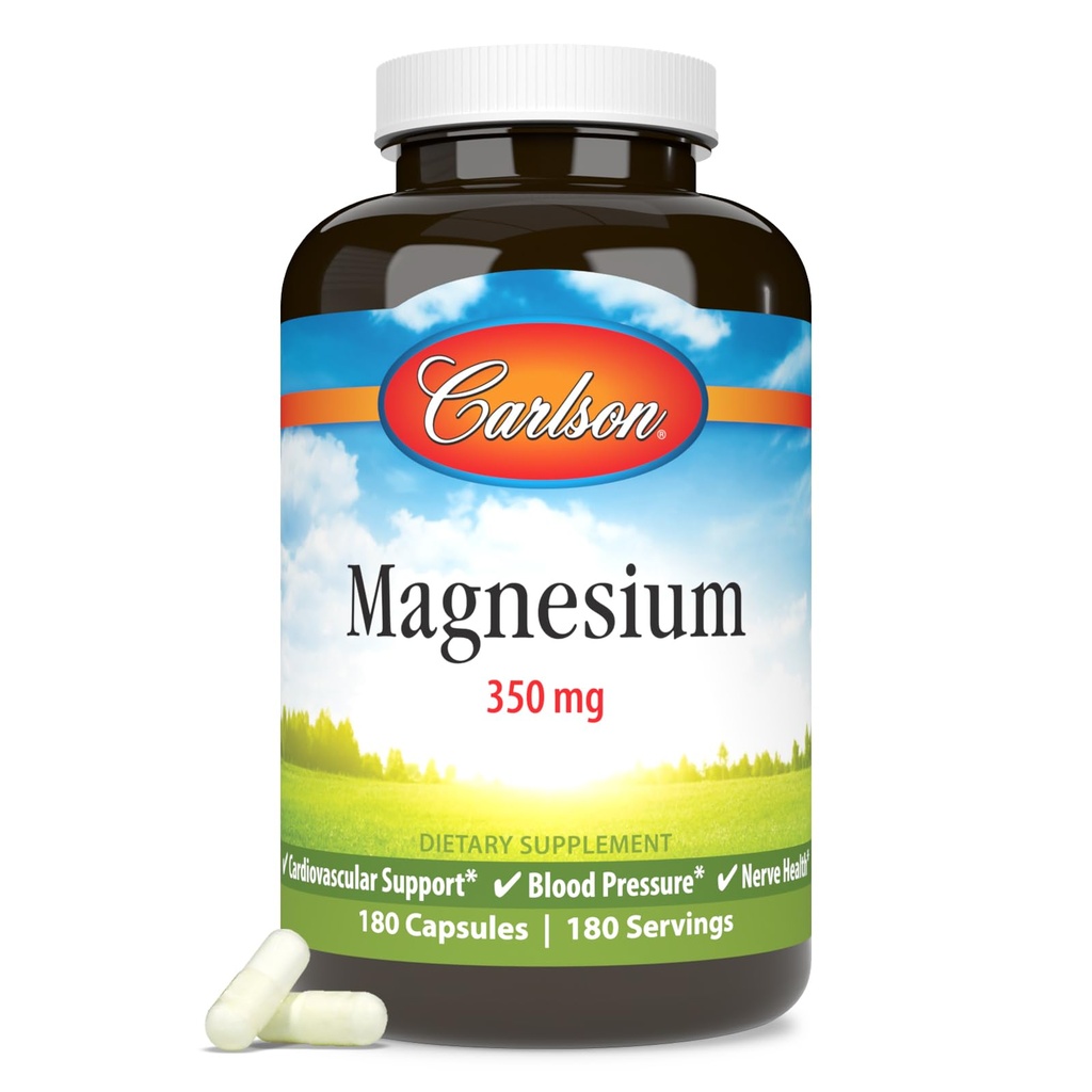 Carlson - Magnezij, 350 mg, kardiovaskularna podpora, delovanje mišic in zdravje živcev, 180 kapsul