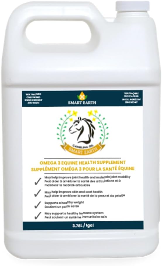 100% Pure Camelina Oil za konje – Omega 3 & Vitamin E Bogat dodatek za plašč, Hooves, Artritis, Joints, Teža Gain & Ulcers – Lažno laneno olje Izdelano v Kanadi s Smart Earth, 1gal.