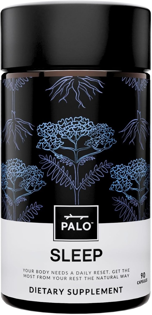 PALO Sleep & Stress Support – Melatonin-free Vegan dodatek z organsko korenino, L-teanin, Magnezij, Kamilica, Lemon Balm & Pasijonka – 90 kapsul