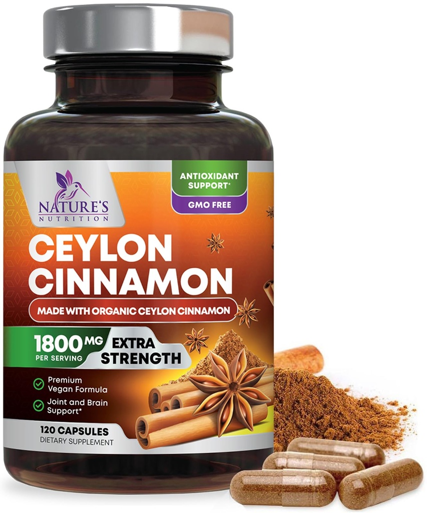 Organic Ceylon Cimet Dodatek 1800mg - Certified Organic Ceylon Cimet Powder tablete - Energy & Heart Support za ženske & moške, ustekleničen v ZDA, Antioksidant, Gluten Free, Non-GMO - 120 kapsul