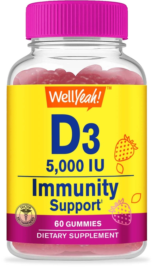 NowYeah Vitamin D3 5000 i.e. (125 μg) Ekstra Strenght Gummies - za zdravje kosti, imunski ojačevalec, podporo kosti in zob -Non GSO, Gluten Free, Nut Free, Vegetarian - Strawberry Flavor -60 Gummies