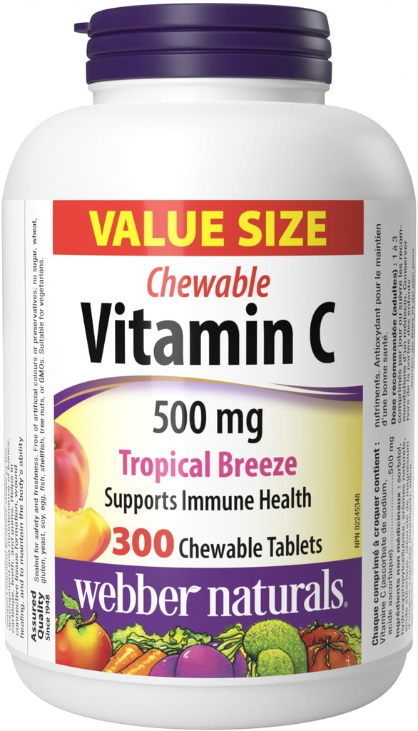 Webber Naturals Vitamin C, 300 Chewable Tropical Breeze Flavor Tablets, 500 mg of Vitamin C Per Tablet, Bones, Teeth, Immune and Antioxidant Support, Non GMO, Dairy & Gluten Free