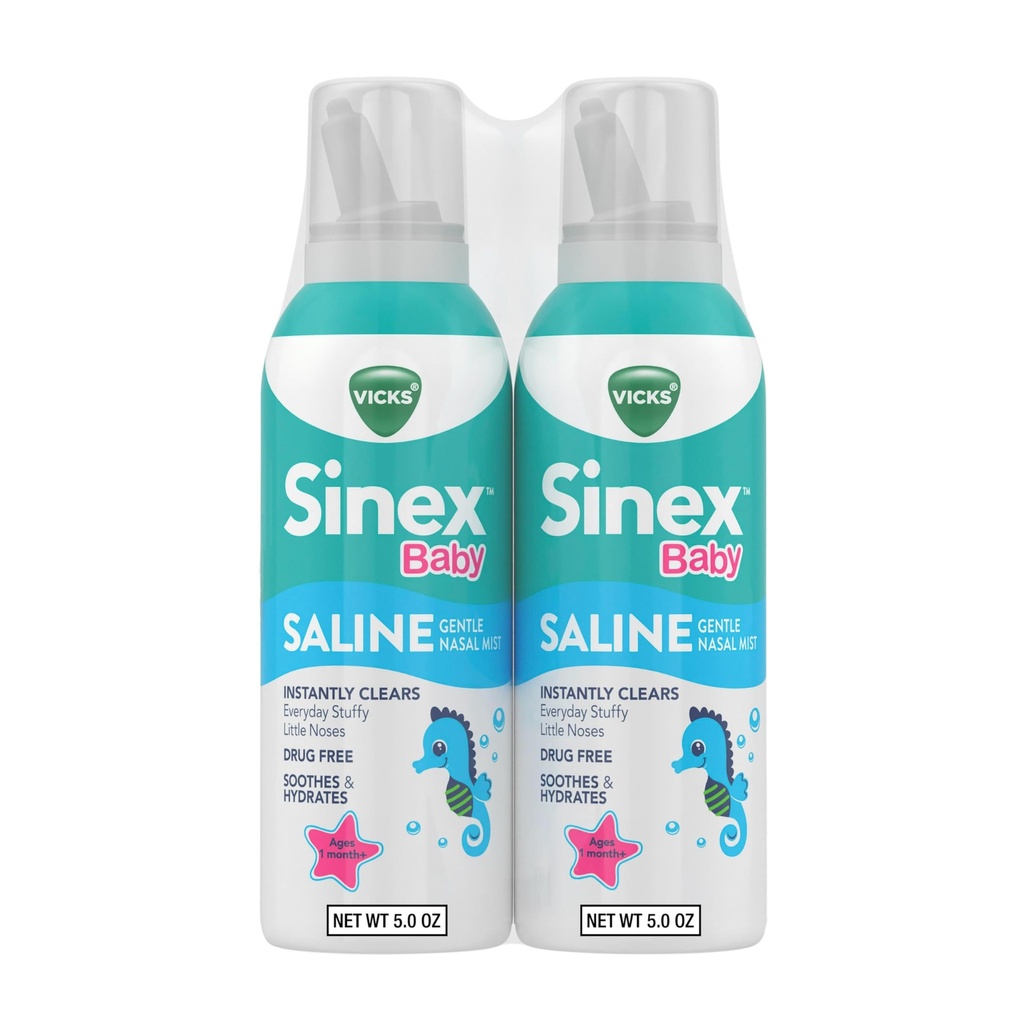 VICKS Sinex Baby Saline Nasal Spray, brez zdravil Nežna Nazal Mist, Takoj počisti vsak dan zamašen malo nos, Soothes & Hydrates, Varen za vsakodnevno uporabo, Nežen za vse starosti, 5 OZ x 2