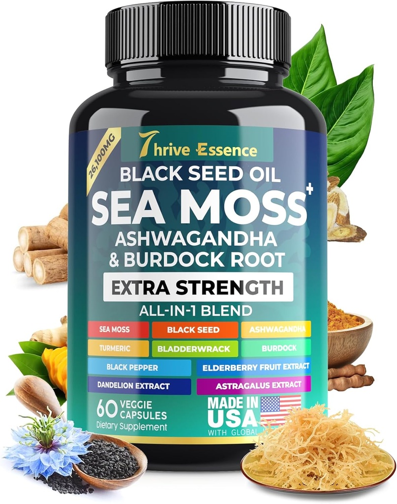 Sea Moss Extract, Black Seed Oil, Ashwagandha, Kurkuma & More – 10-v-1 Zeliščni dodatek s črno papriko & Bezgove jagode – 60 kapsul