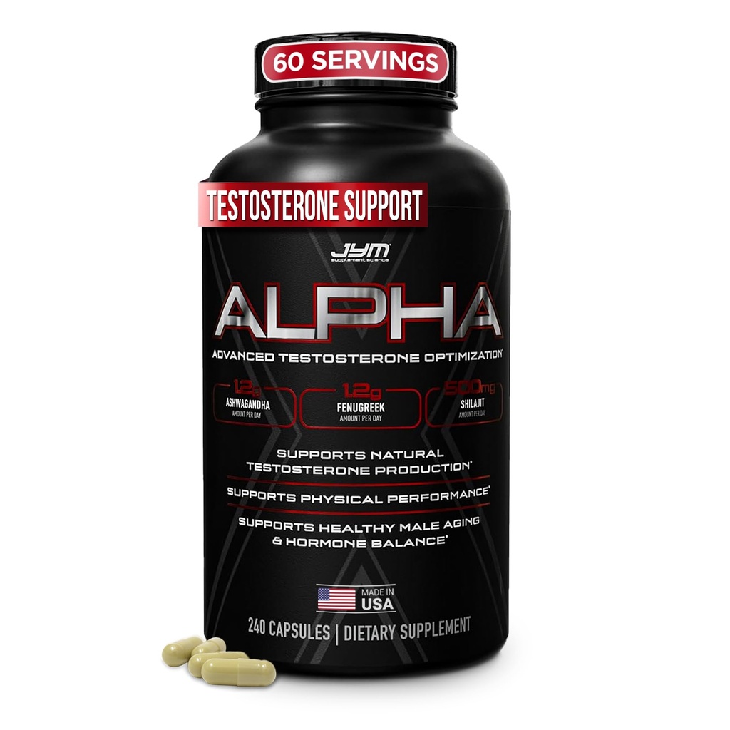 Alfa JYM X Advanced Hormone Optimizacija, Vitalnost, Optimizacija, DHEA, Ashwagandha, Boron, Shilajit, Fenugreek, Eurycoma, Damiana, Quercetin, DIM, JYM Supplemental Science, 240 Kapsule