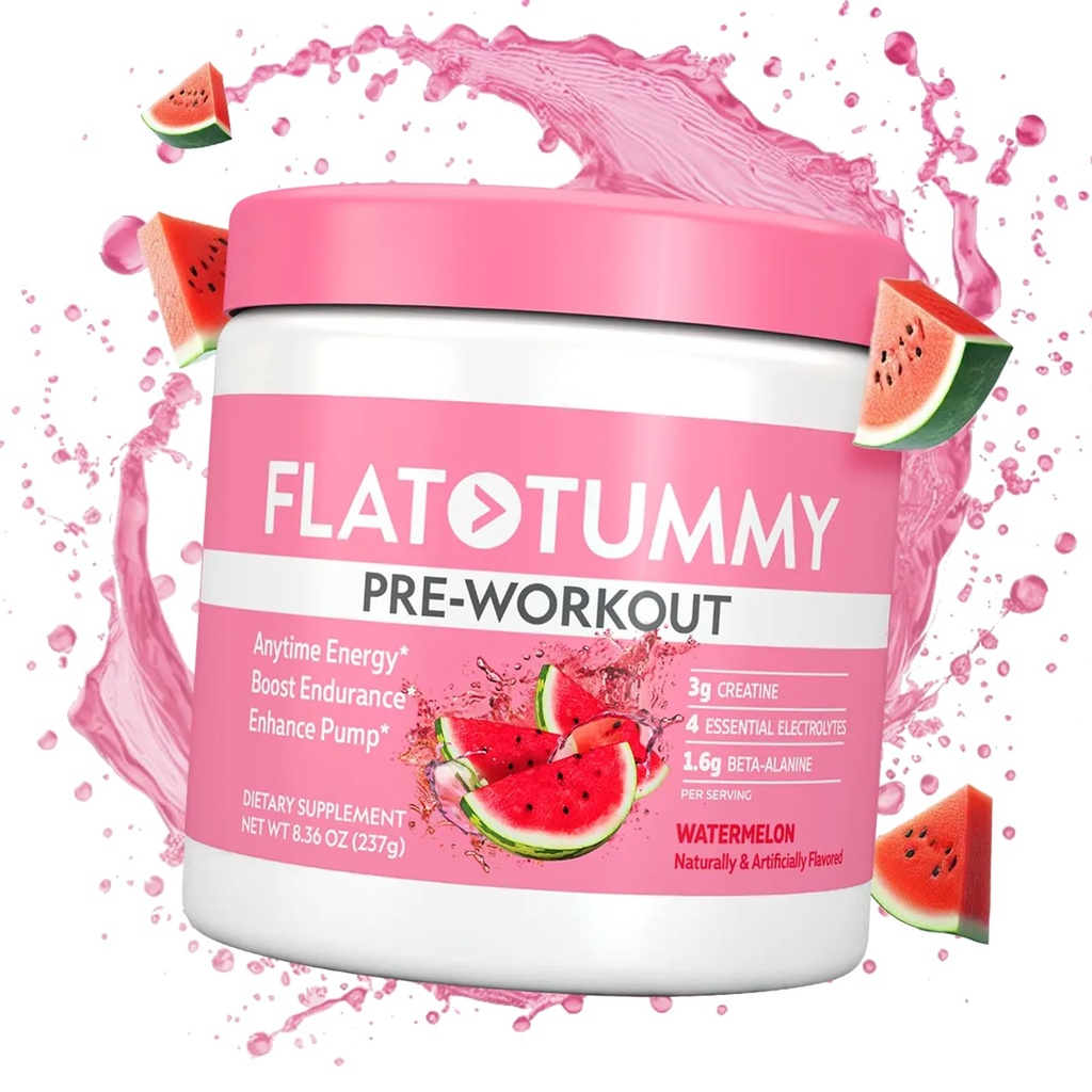 Flat Tummy Pre Workout Prašek za ženske – energija, vzdržljivost in mišična podpora s 3g kreatin, 1,6g beta-alanin, elektroliti – lubenice arome – 30 strežnikov