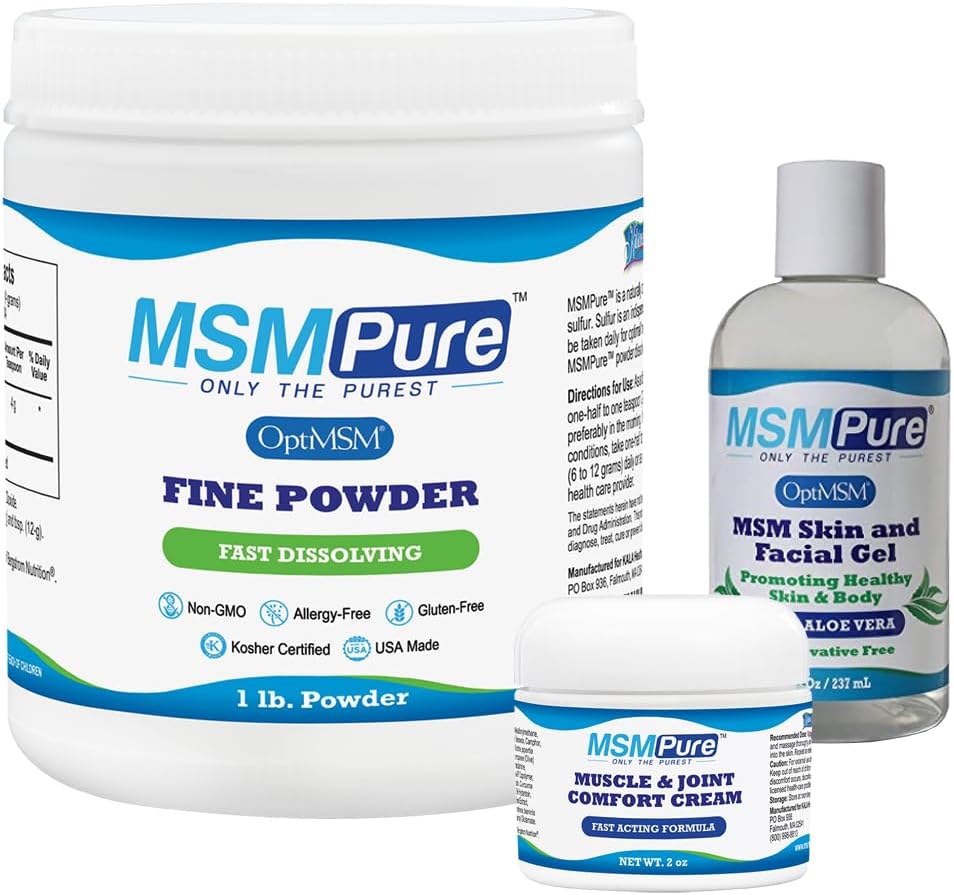 KALA ZDRAVSTVENO MSMPure Starter paket z MSM Fine Powder 1lb, MSM Muscle & Joint Cream 2oz in MSM Gel z organsko Aloe 8oz