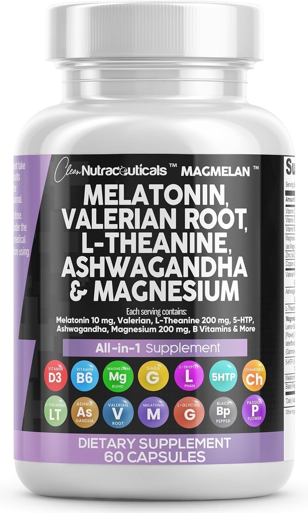 Čisti Nutraceuticals Melatonin 10mg Valerian Root L Theanine 200mg Ashwagandha - Podpora za spanje za ženske in moške z magnezijevim kompleksom, Lemon Balm, Kamilica, & Passion Flower - 60 Caps