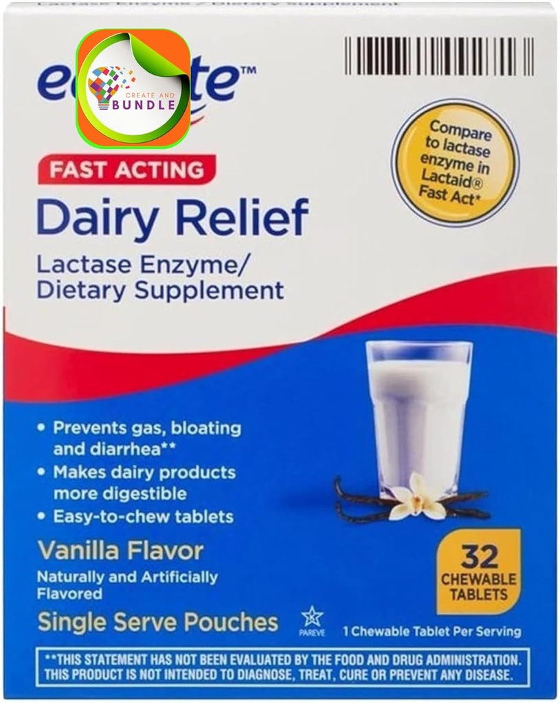 Equate Fast Action Dairy Relief Lactase Enzyme Prehranska dopolnila Vanilla Flavor Žvečljive tablete 32 Število tablet (Pack of 1) + CreativeAndBundle Sticker