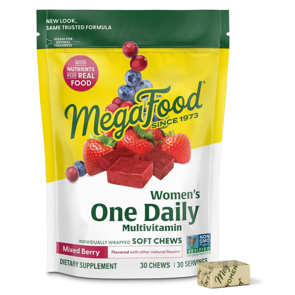 MegaFood Women's One Daily Multivitaminski Soft Chews - multivitaminski za ženske s folatom, vitamin B6, B12, biotin, vitamin D - okusni mešani okus jagod - vegetarijanski, ne-GMO - 30 Chews
