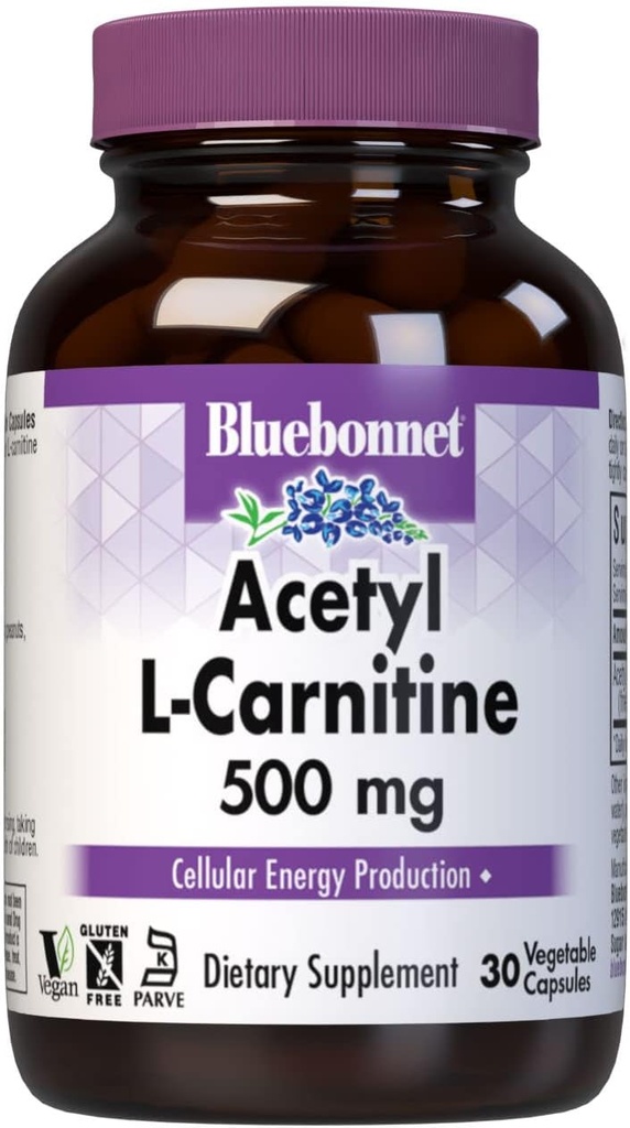 Bluebonnet Nutrition Acetil L-karnitin, Transports Maščobne kisline, Povečuje celično energijo, Soy & Gluten-free, Kosher Certified, Vegan, 30 Zelenjavne kapsule, bela, 500mg