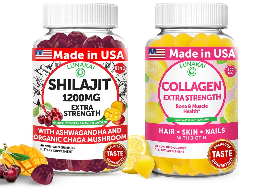 Lunakai USA Made Shilajit & Collagen Extra Strength Gummies Bundele – Energija, lasje, koža in podpora za nohte – Delicious & Non-GMO
