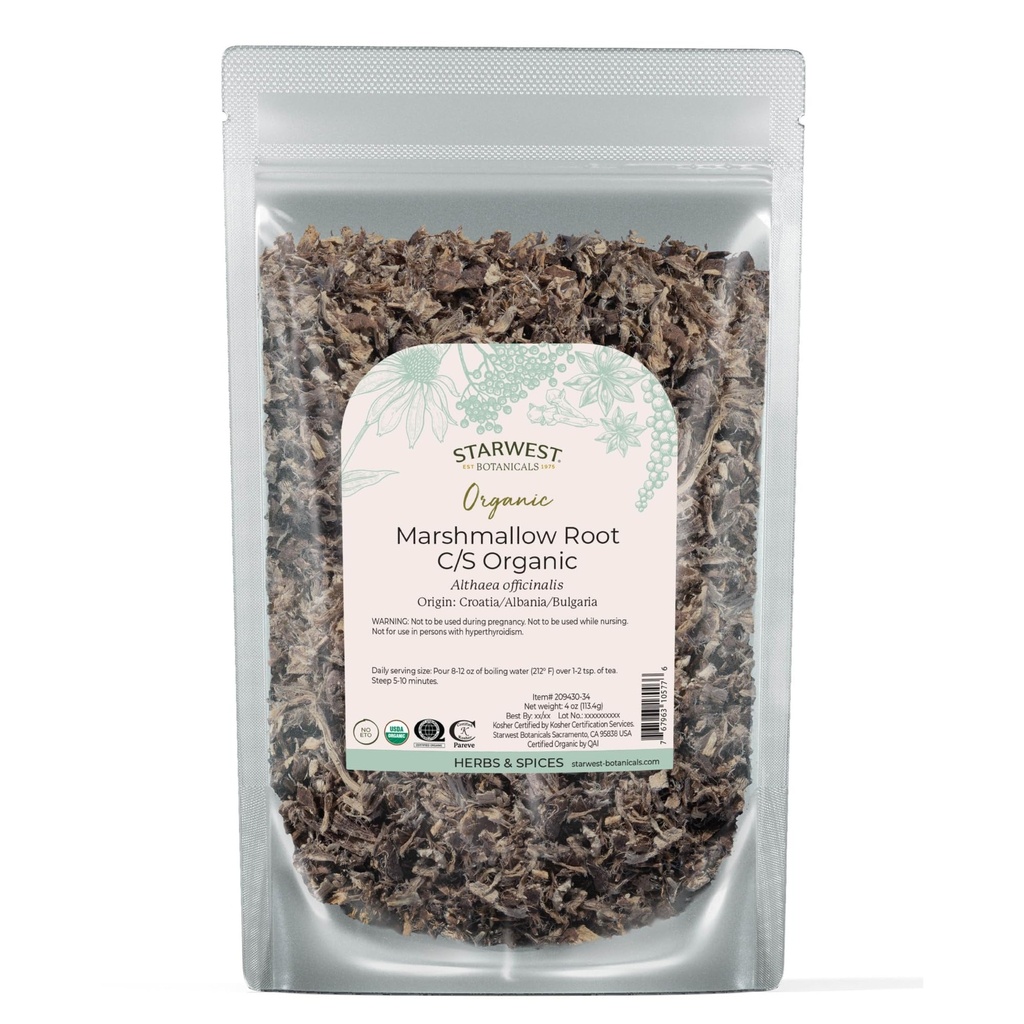 Starwest Botanicals Organic Marshmallow Root - Suhi zelišče za čaj, Loose Leaf Root Herb, cut & Sifted, Certified Kosher, Non-GMO - 4 oz Pouch