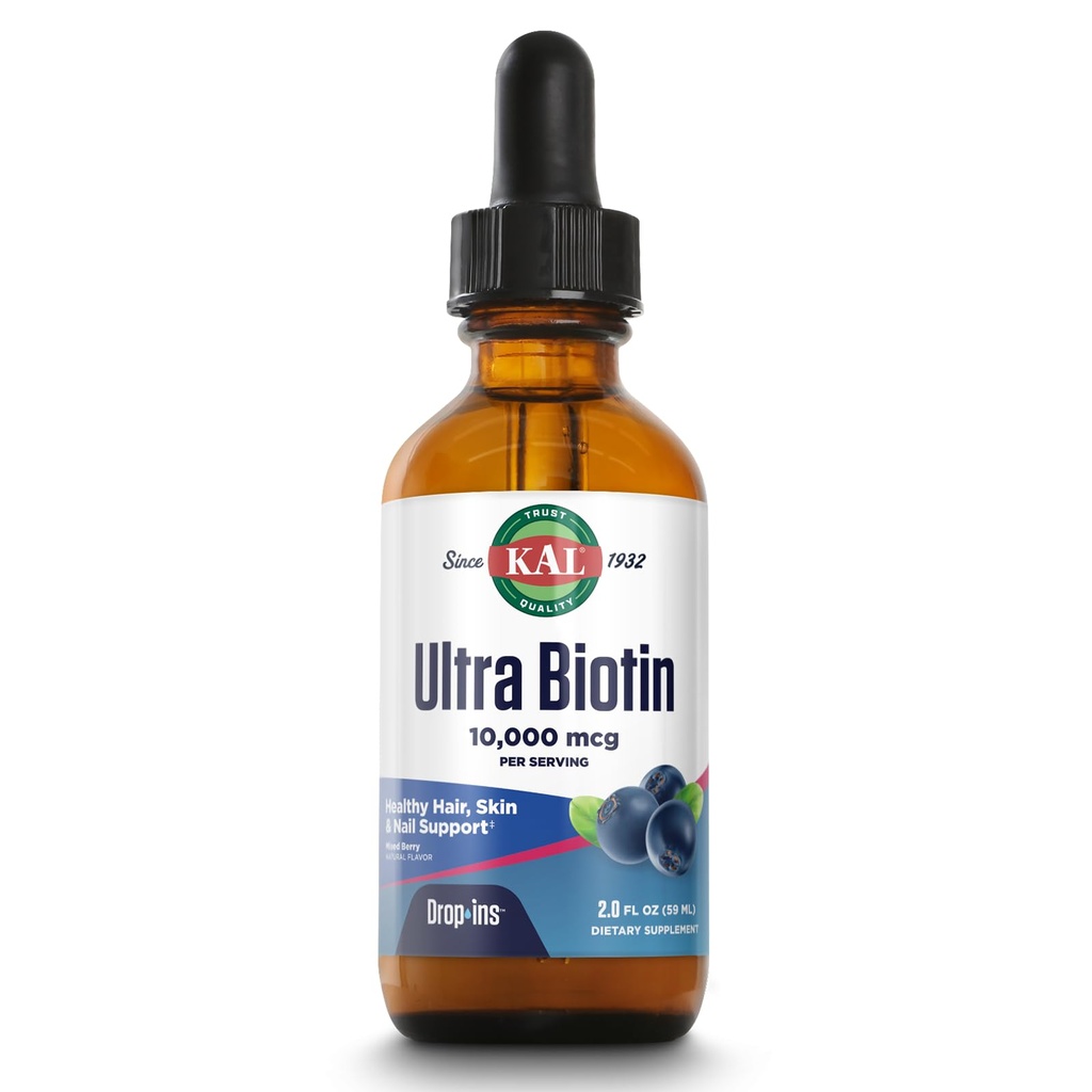 KAL Ultra Biotin 10000mcg DropIns, Tekoči Biotin kapljice, dodatek za rast las, Visoka moč Vitamin B7, Zdravi lasje, koža, nohti in energijska podpora, Naravne mešane Berry Flavor, Pribl. 59 Serv, 2oz