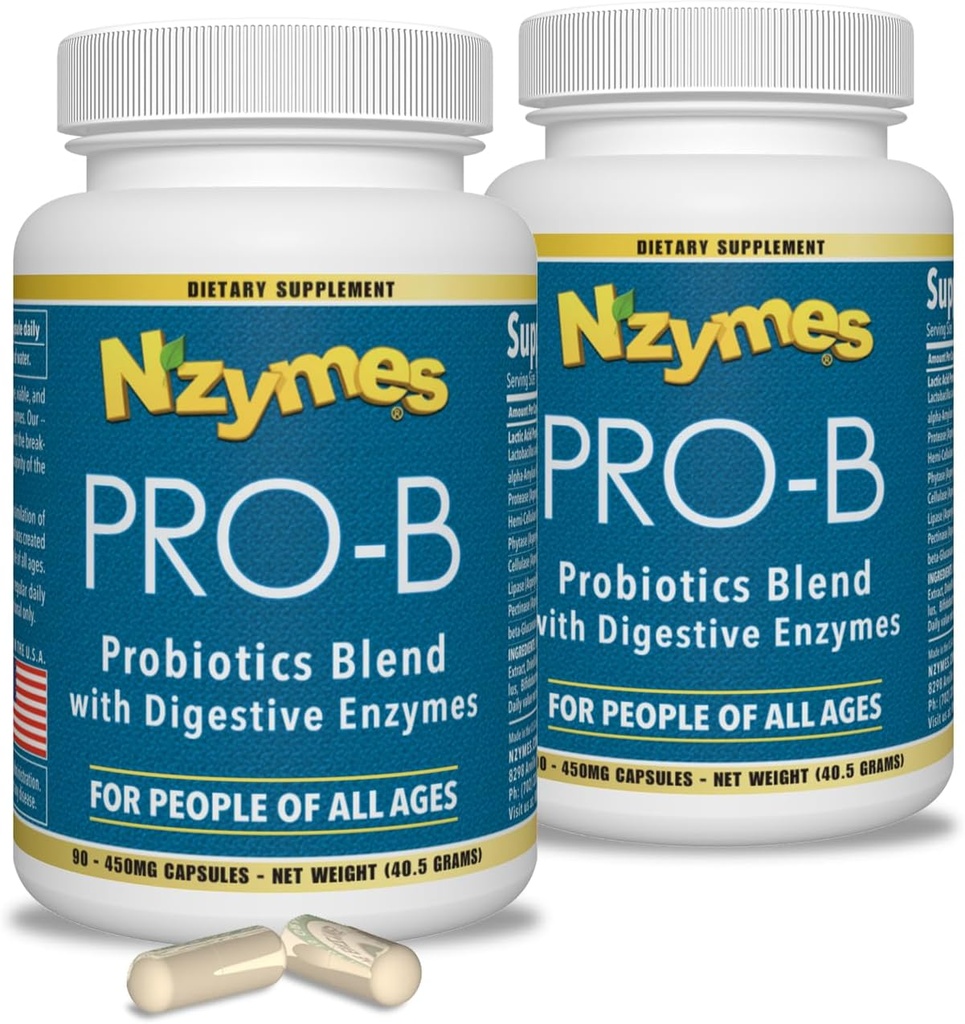 Nzymes® Pro-B Probiotiki in prebavni encimi za prebavno ravnovesje, boljše prebave, prebavne motnje in zaprtje (180 skupnih kapsul) - Made in The ZDA