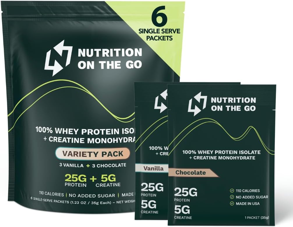 Nutrition On The Go Whey Protein Isolate Packets with Creatine – 25g Protein + 5g Kreatin – Enosmerni Travel Protein Powder - Variety Pack (Vanilla & Chocolate) (6-Pack)