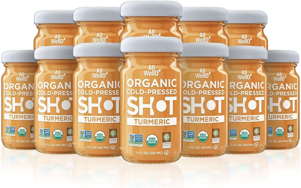 ALLWELLO Cold-Pressed Turmeric Shot, 60 ml, USDA organski imunski ojačevalec z Natu-RAL (12 PK, Kurkurji)