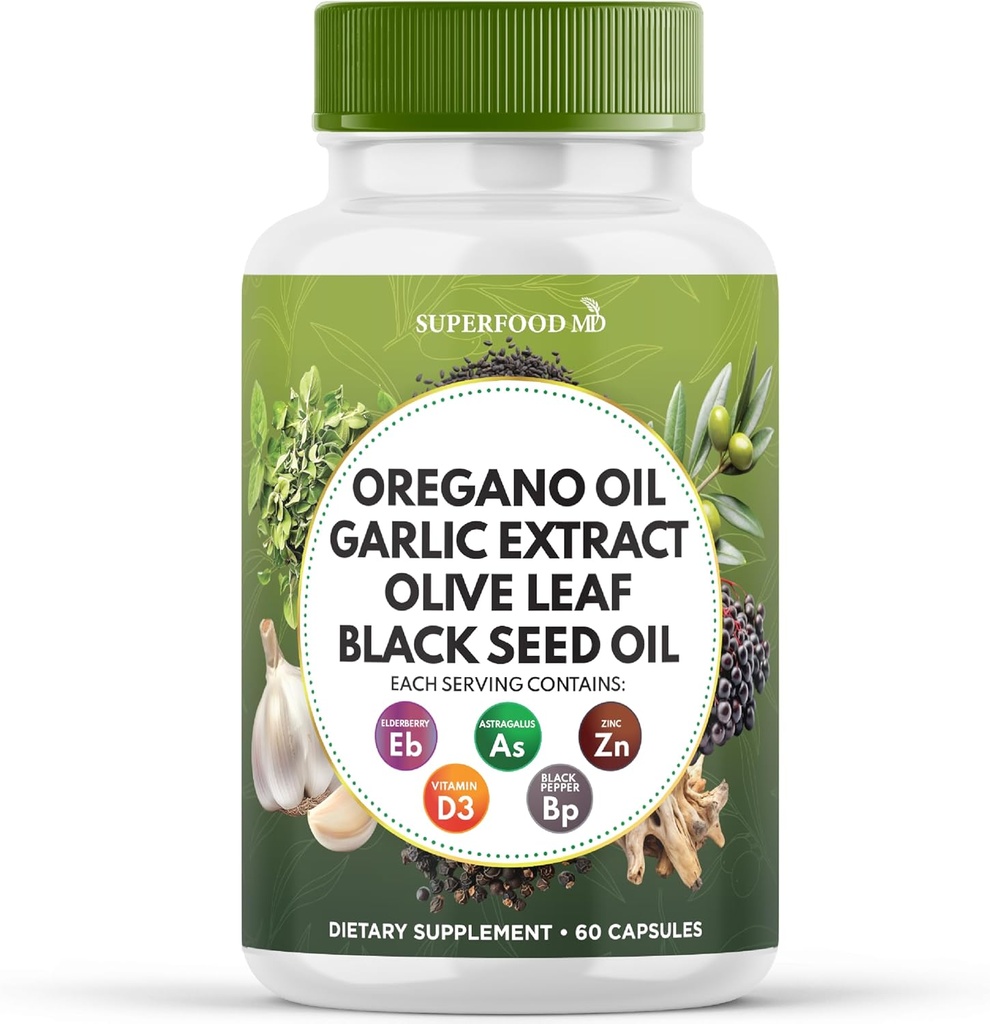 Superfood MD Origano Oil Česen Extract Olive Leaf Črno Seme Oil Astragalus- za ženske in moške- 60 Count