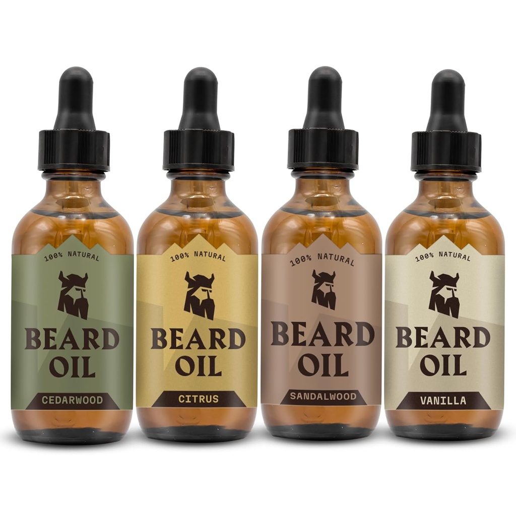 Brisajoče Viking Beard olje za moške - 0.66 Fl Oz Pack of 4, Vanilla, Sandalwood, Cedarwood & Citrus - Promocija Fuller rast z Bradavičasto rastno olje - Cedarwood Vanilla Scents za moške