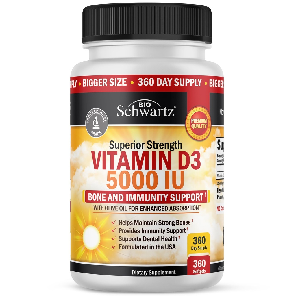Vitamin D3 5000 i.e. (125 μg) Naravni imunski dodatek, moč kosti, zdravo delovanje mišic, z oljčnim oljem za največjo absorpcijo, Gluten brez in ne-GMO, 1 leto dobave, 360 Softgels