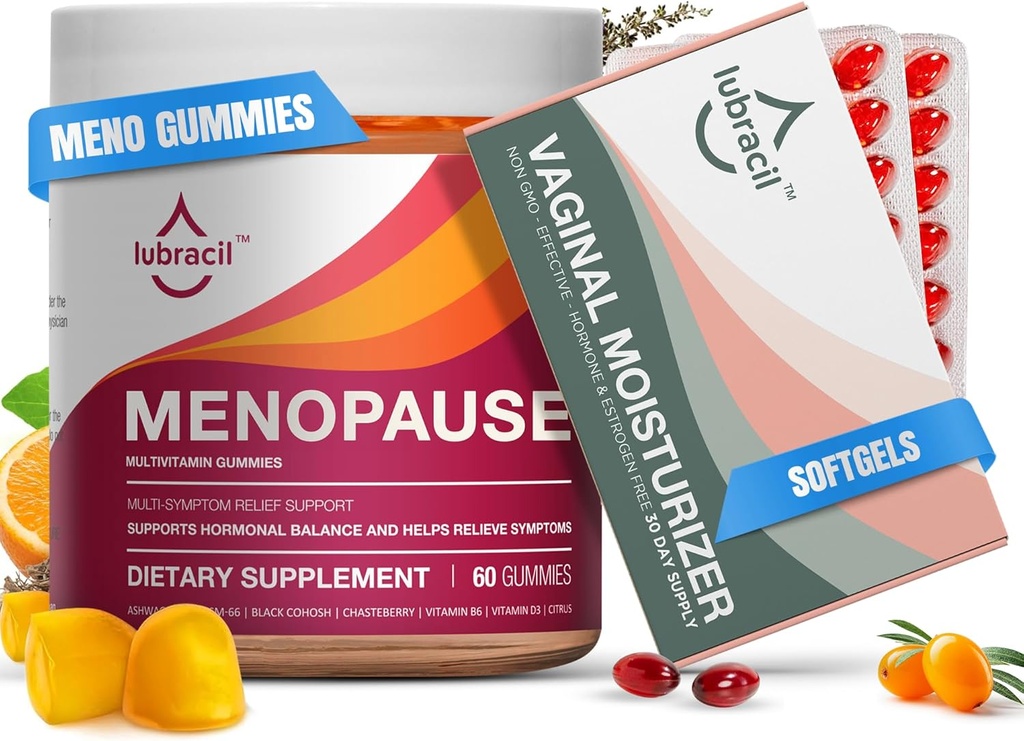 Lubracil Menopause Gummies & Daily Moisturizer Bundle – Hormone-free Podpora za vroče Flashes, nočno potenje, Vaginalna suhost, in Itchiness s črno Cohosh, Ashwagandha, Omega Oils & Sea Buckthorn