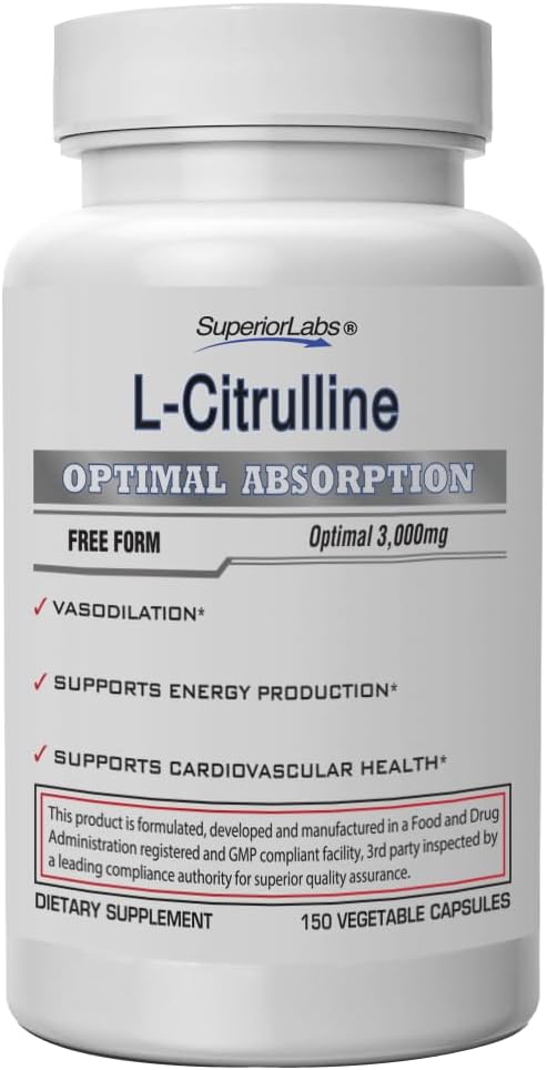 Superior Labs L- citrulin 3000 mg, ne- GMO, visokopotenzivna prosta aminokislina, dušikov oksid in vazodilatacija ojačevalec, predworkout mišične črpalke, vzdržljivost, kardiovaskularna podpora, 150 Veg kapice
