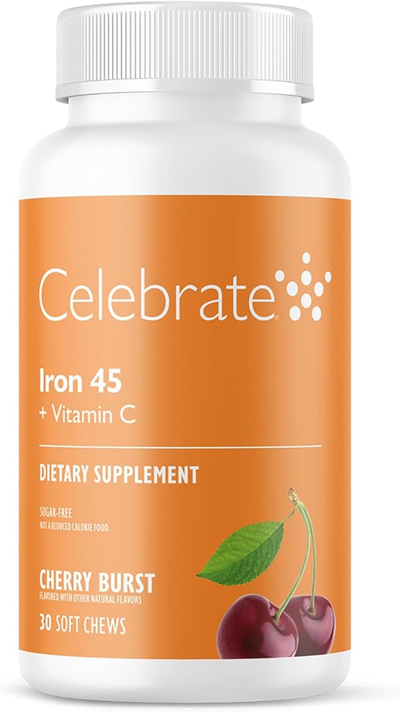 Proslavite vitamine železov dodatek z vitaminom C - 45mg železa, 60mg vitamin C, bariatrični vitamini za bolnike WLS, vertikalni rokavi in Gastric bypass kirurgija - Cherry, 30 Soft Chews