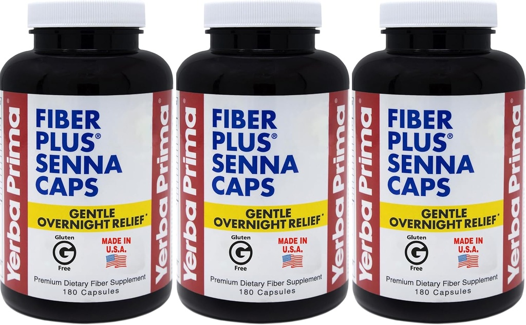 Yerba Prima Fiber Plus Senna Kapsule, 180 Število (Pack 3) - 118 Služabniki nežne čez noč Relief, ZDA Made, Non-GMO, za kratkotrajno uporabo za obnovitev rednosti