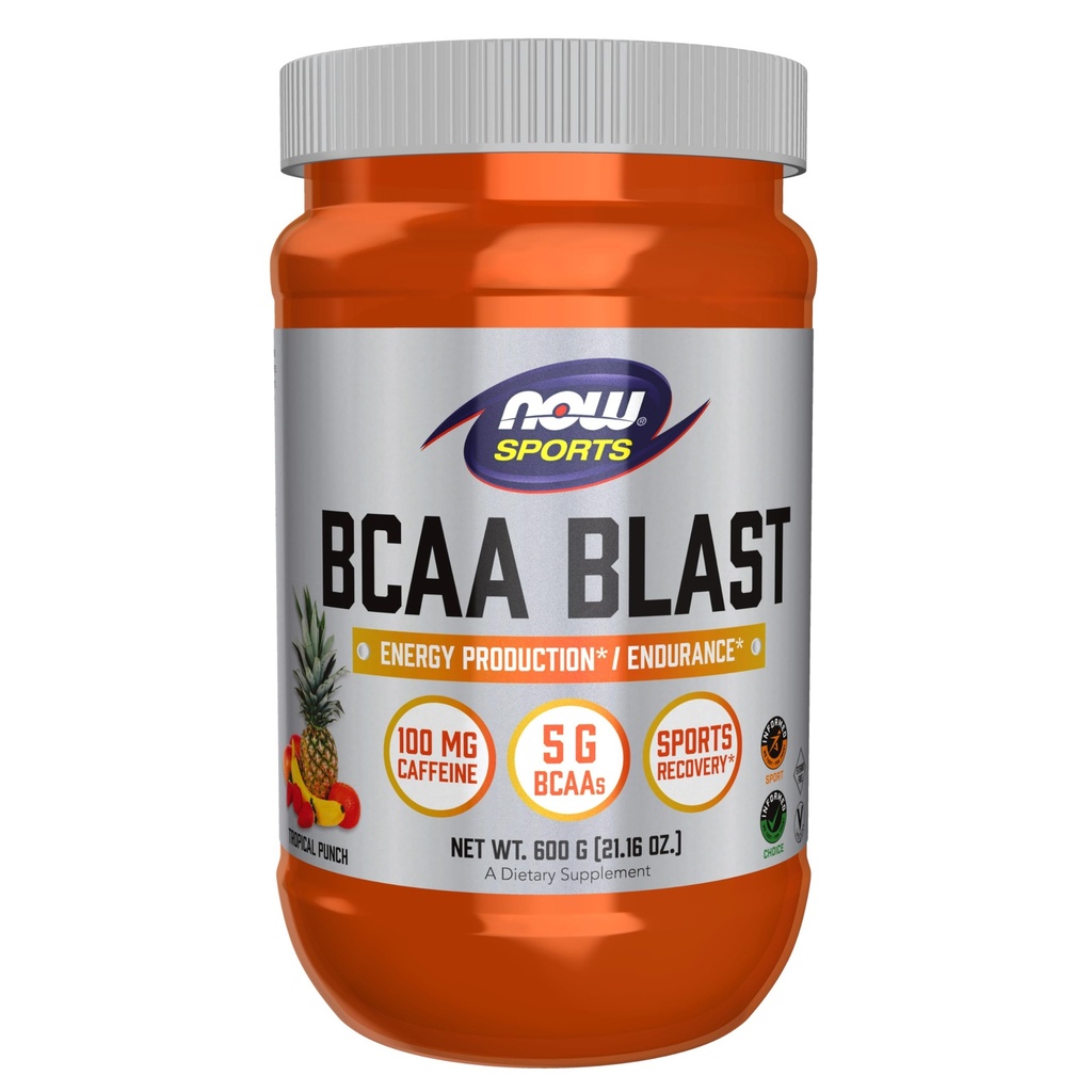 NOW Foods Sports Nutrition, BCAA Blast Powder, 5 g BCAA, 100 mg kofeina, Tropical Punch, 600-Grams
