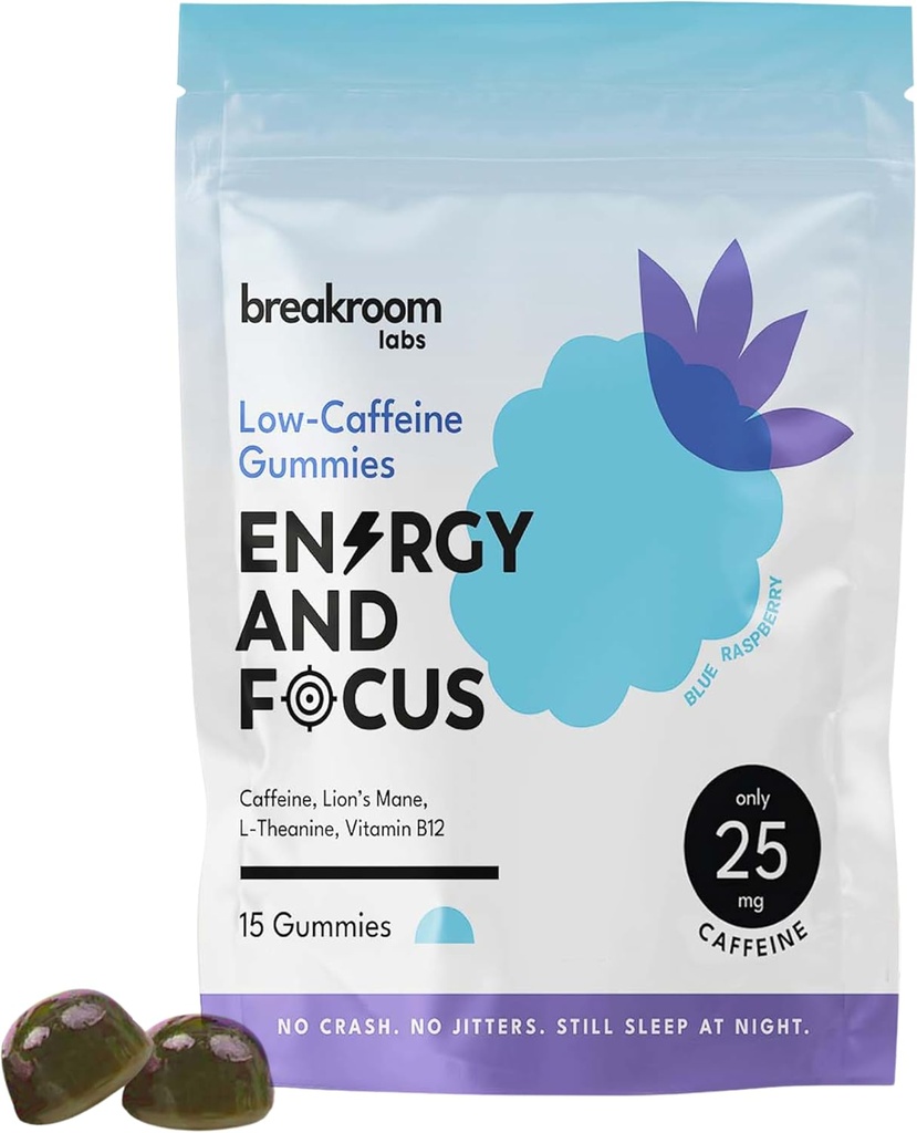 Breakroom Labs Energy and Focus Gummies – Nizka kofein 25mg w/L-Theanine, Lions Mane, Vitamin B12 – Nootropic Brain Supplement za odrasle, otroci - Vegan, Nizki sladkor, Blue Raspberry Flavor, 15 Servings