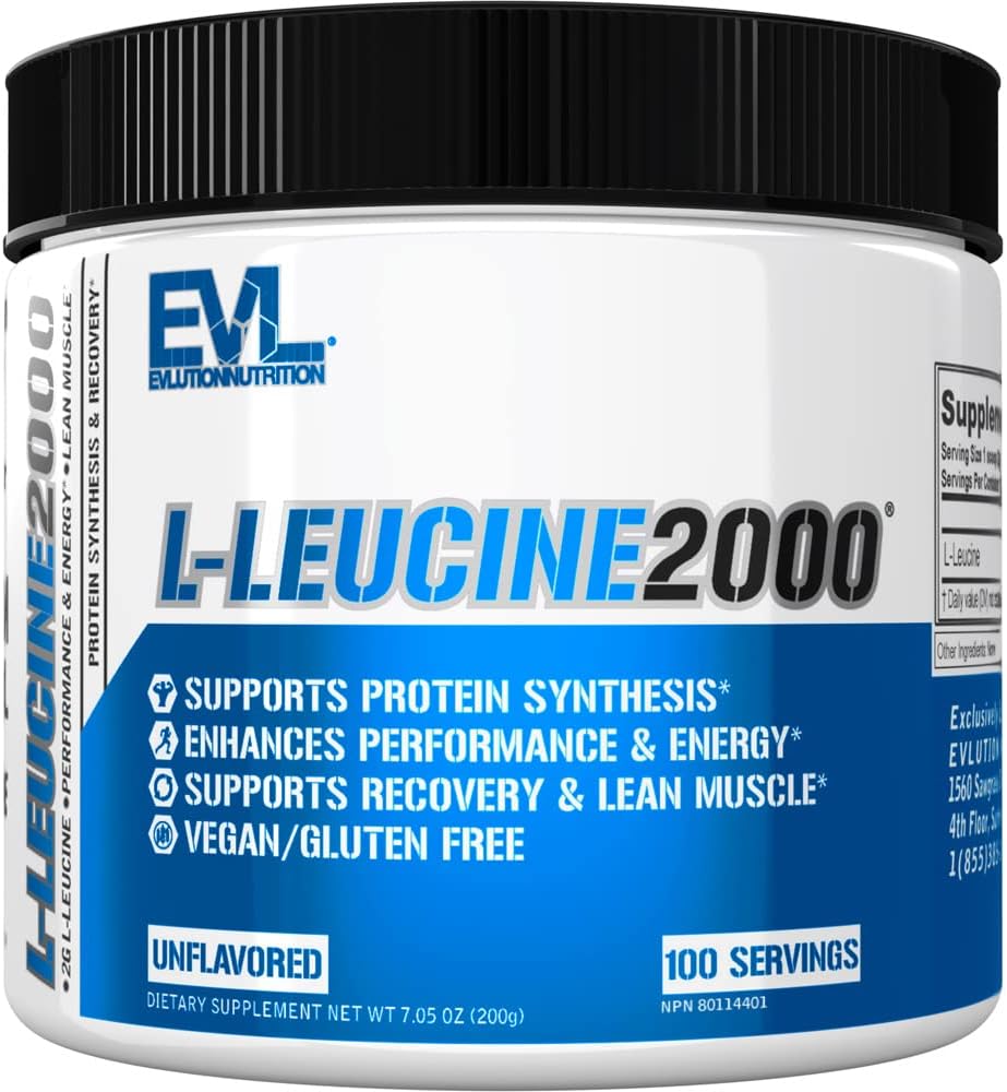 Evolution Nutrition L-Leucin 2000 - Sinteza beljakovin, regeneracija in podpora mišic - zmogljivost in energija - 2000mg L-levcin - Gluten Free & Vegan - Nearomatiziran prehranski dodatek v prahu - 100 Servingov