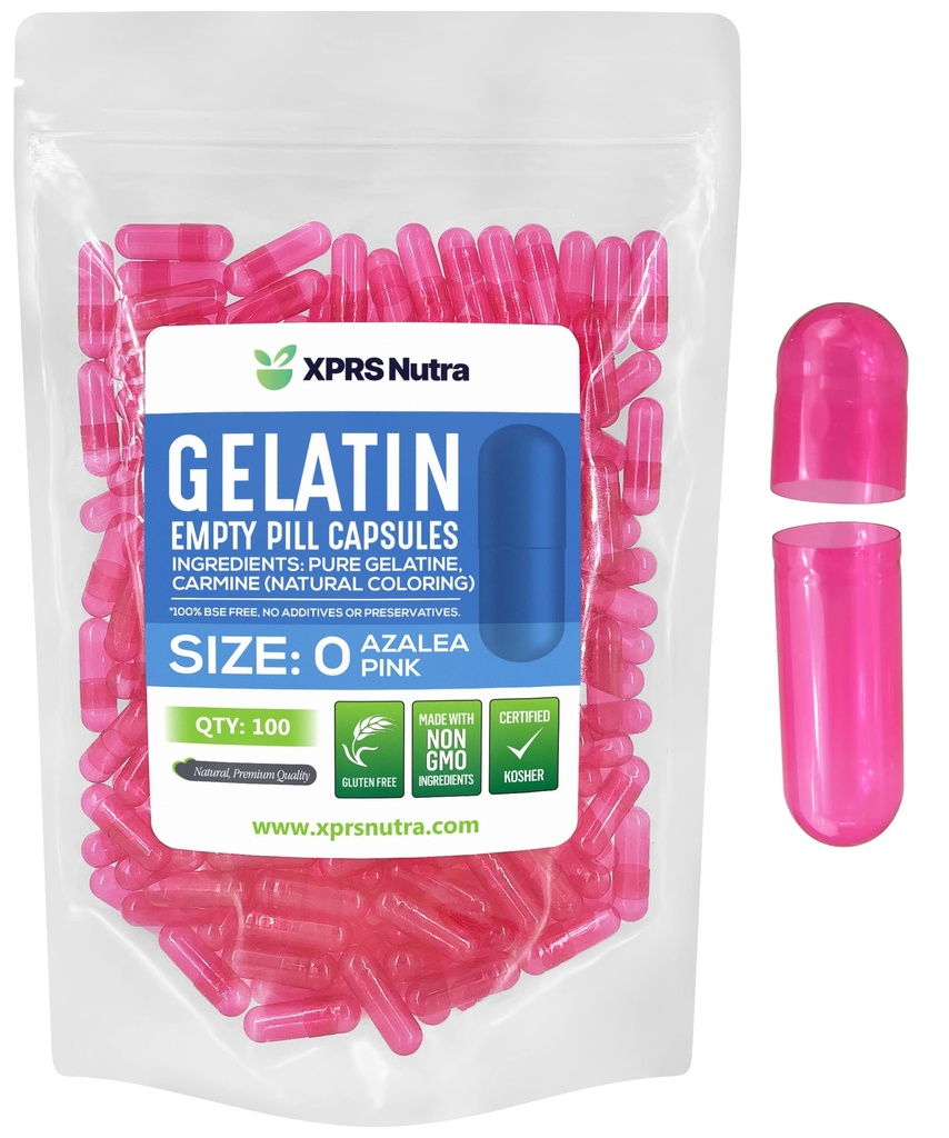 XPRS Nutra Size 0 Prazne kapsule - 100 Štetje Prazne kapsule želatine - Tablete za polnjenje kapsul DIY - Čiste gelske kapice za tablete goveda za Do-it-Yourself dodatke (Azalea Pink)