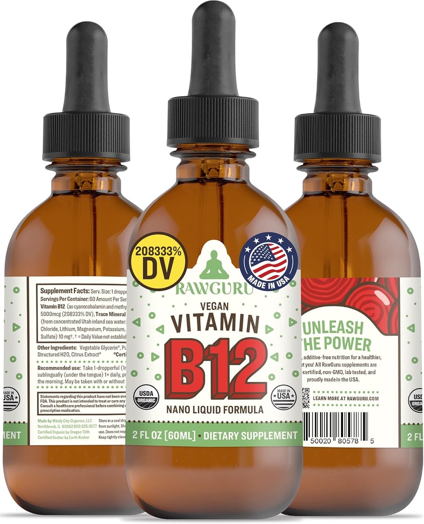 RawGuru Vitamin B12 Tekoči dodatek - Organski Vegan Tekoči B12 s Trace Minerals - Nano-procesirani antioksidant & Imunska podpora dodatek Tinktura - 60 Servis veganskih kapljic na 60 ml, Pakiranje po 1