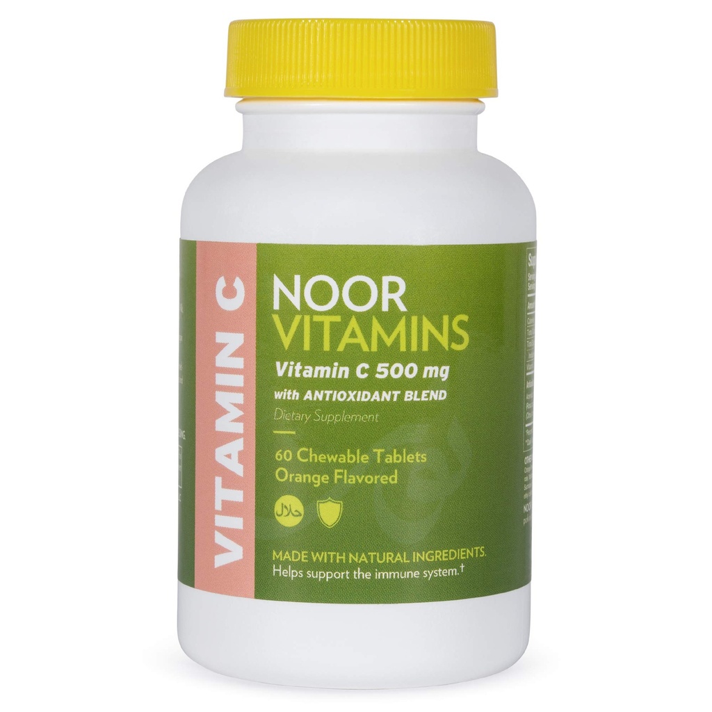 Noor Vitamini 500 MG Halal Vitamin C Žvečljive tablete + Rose HIPS in antioksidanti I podpirajo imunski sistem I Vegan, Gluten Free & Halal Vitamin 60 Oranžna Žvečljive tablete I 2 meseca dobava