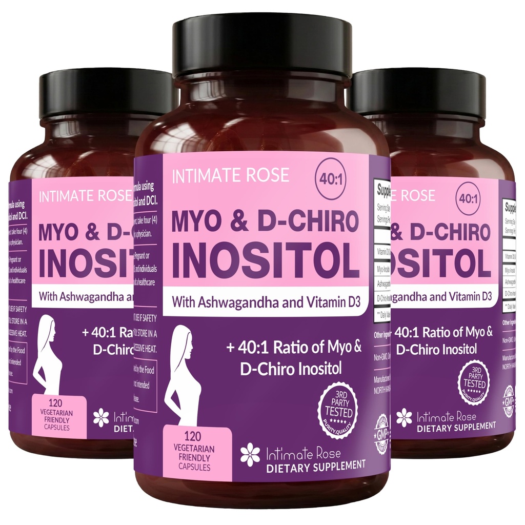 Intimate Rose Myo-Inositol & D-Chiro Inositol Mešanica - 40:1 Mešanica razmerje - Podpora za dnevno dobro počutje žensk - Vitamin D & Ashwagandha, 3 steklenice