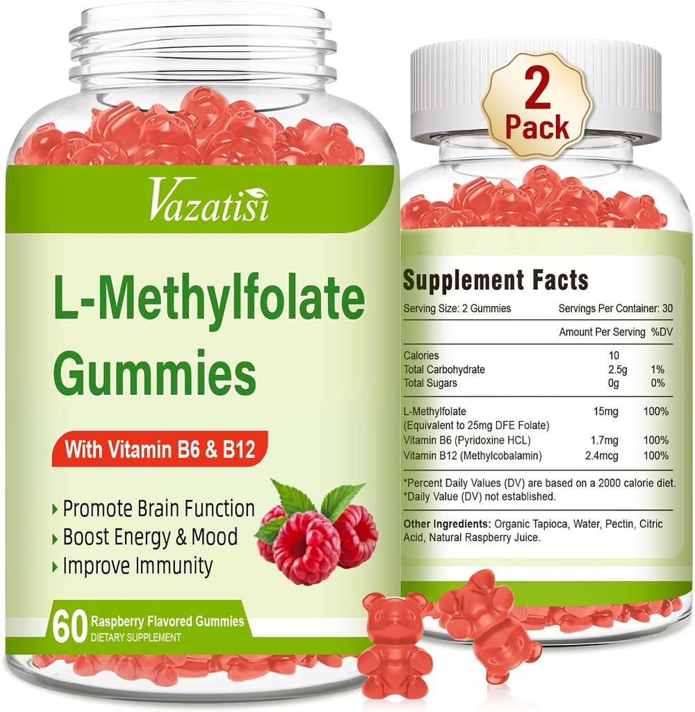 L-metilfolat 15 mg Gumies z metil B12, Folat dodatek za razpoloženje, zdravje možganov, imunske podpore, Raspberry Flavor, 120 Count