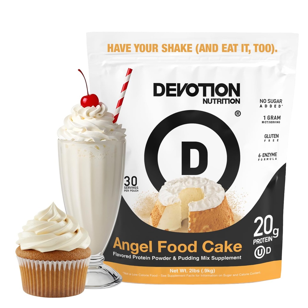 Devotion Nutrition Angel Food Cake Protein Powder for Shakes, Pečenje, Palačinke, Deserts – 20g Whey izolat & Kazein Beljakovinska mešanica – Brez dodanega sladkorja, nizko karb, Gluten-free, Keto-prijatelj z MCT – 2lb