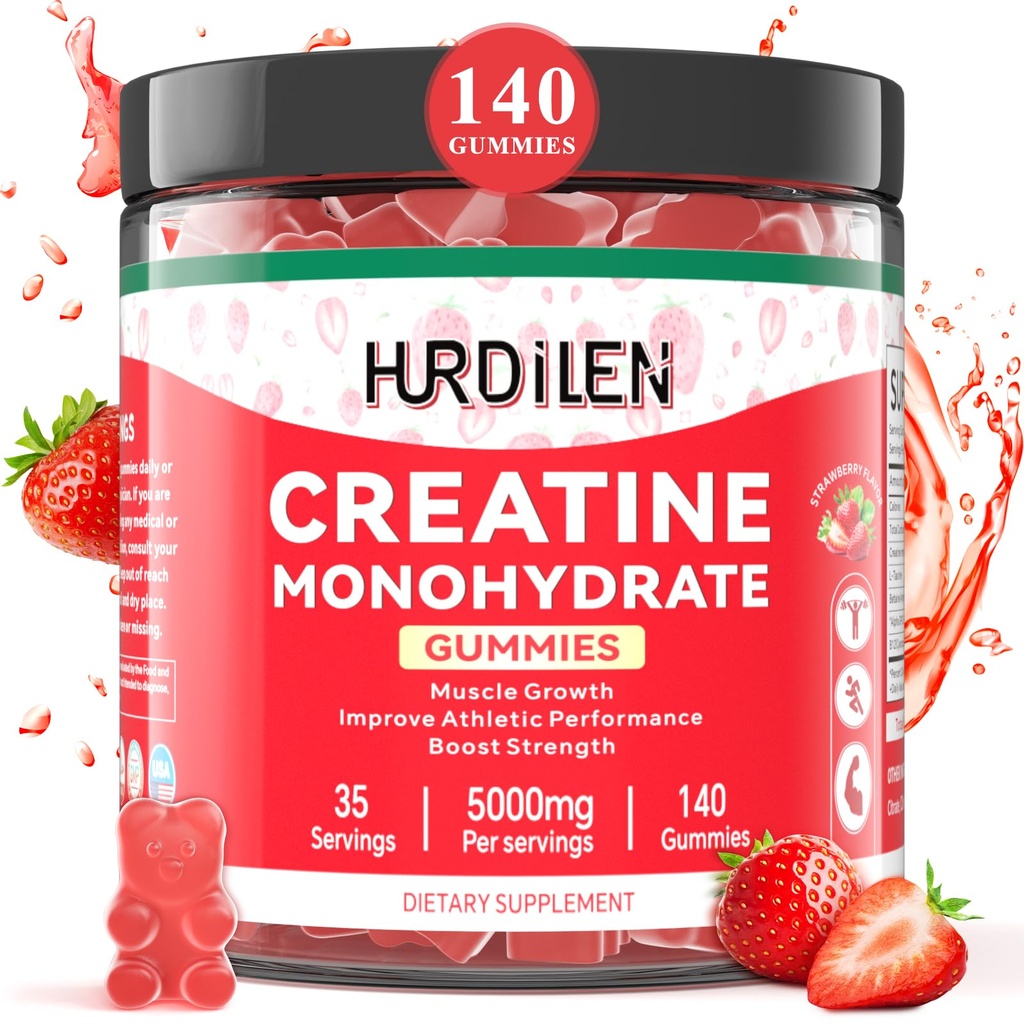 140 Count Kreatin Monohidrat Gumies, 5000mg Kreatin Monohidrat Brez sladkorja Gumies za ženske in moške z L-Tavrin, Vitamin B12 za mišično moč, okrevanje mišic, Glute Builder, Energy Boost