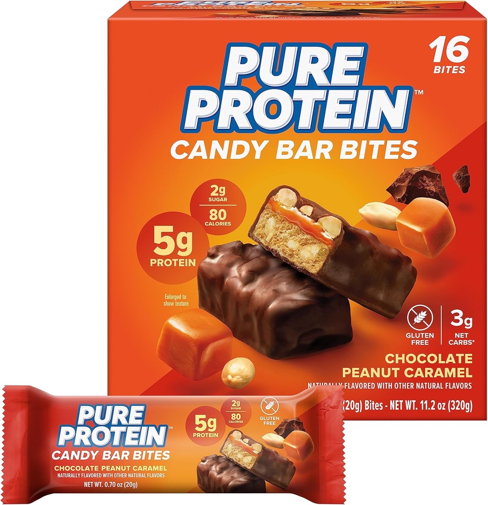 Pure Protein Candy Bar Bites, Chocolate Peanut Caramel, 5g Beljakovine, Gluten Free, Nizki sladkor, 0.70 oz, 16 Pack (Packaging May Vary)