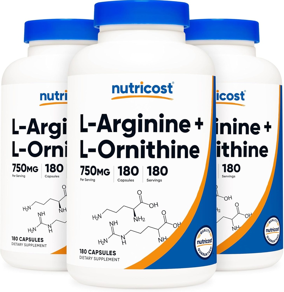 Nutricost L- arginin L- ornitin 750 mg; 180 kapsul (3 steklenice)
