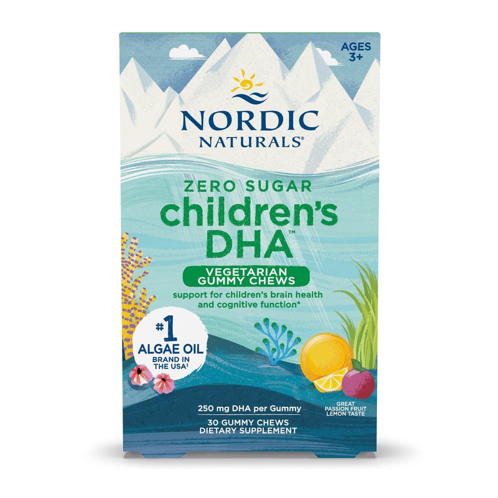 Nordic Naturals Zero Sugar Children's DHA Vegetarian Gummy Chews - Passion Fruit Lemon Flavor - 30 Gummies - Vegan Algae Oil Omega-3 Dodatek za otroke Brain & Kognition Podpora - 30 Služabniki