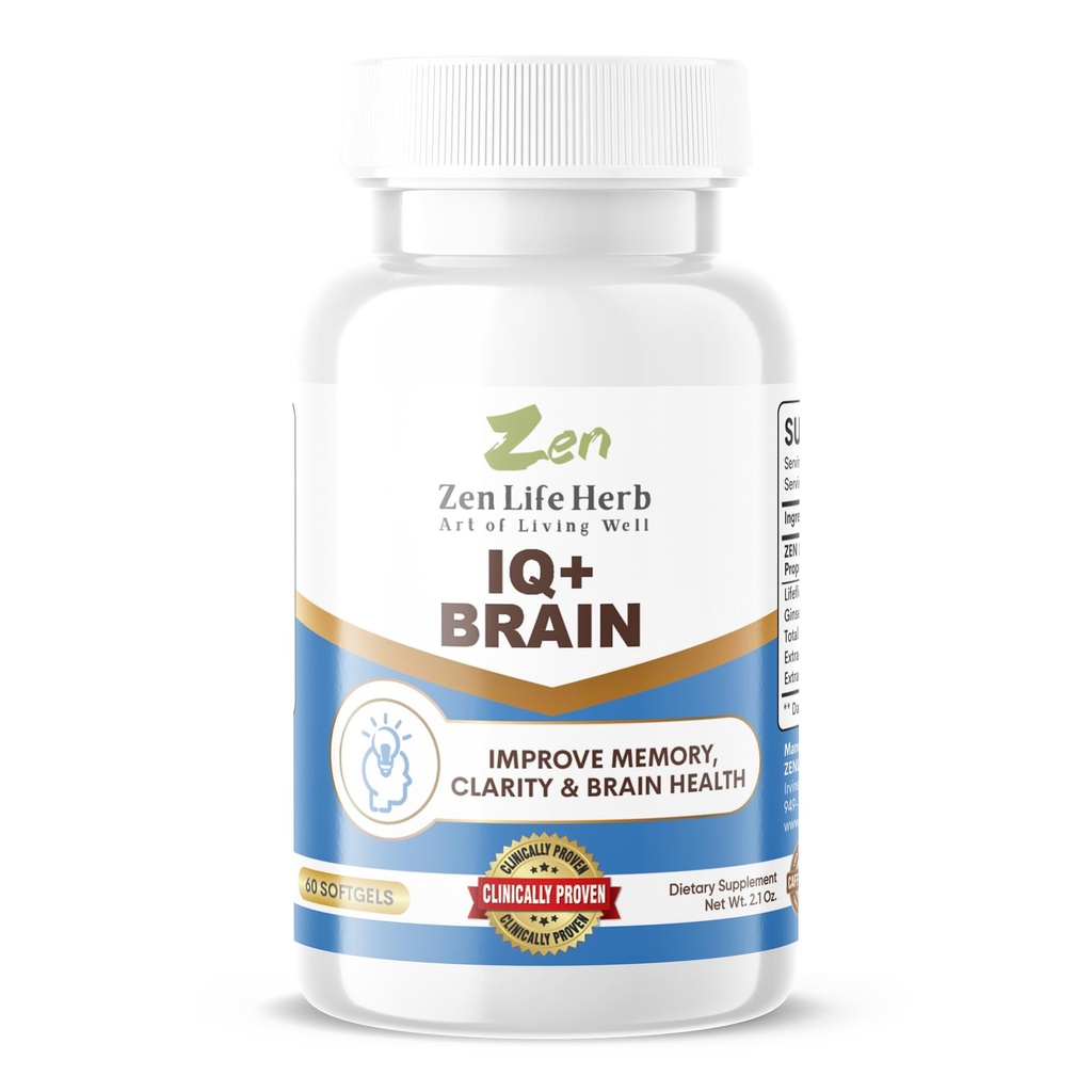 ZEN LIFE HERB IQ+ Možgani - brez kofeina, klinično testirano fokus, koncentracija, spomin in energija, naravna rastlinsko-bazen zeliščni dodatek, brez dodanih vitaminov/minerali/blašnica/slaščica (60 kapsul)