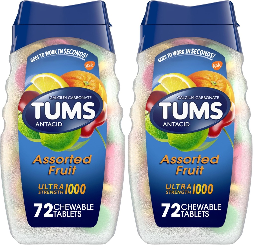 TUMS antacid žvečljive tablete za lajšanje zgage, ultra moč, razvrščeno sadje, 72 tablet (paket po 2)