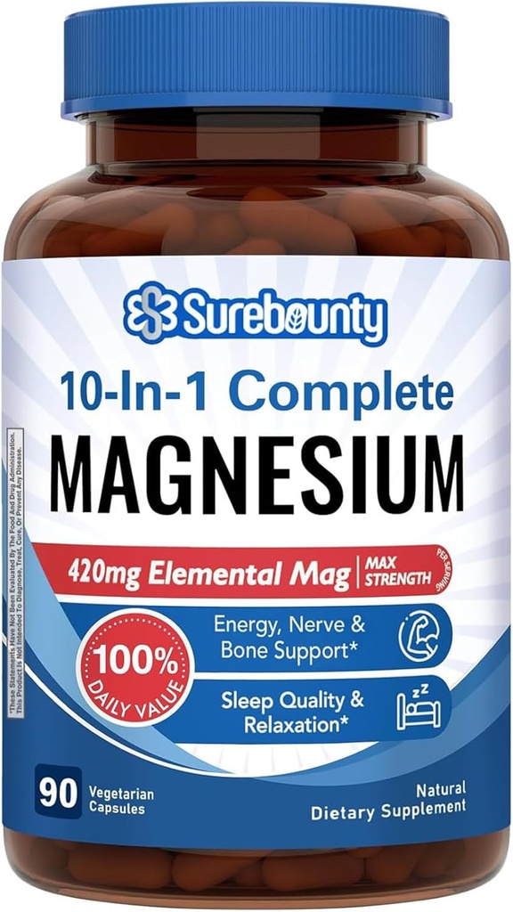 Magnezijev kompleks, 10-v-1 Formula, 420mg Elemental Mag na serviranje, magnezijev glicinat, malat, citrat, visoka absorpcija, kosti in sprostitev, 90 kap