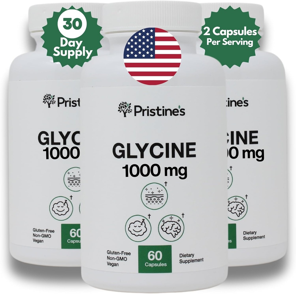 PRISTINE'S Glycine 1000MG Aminokisline dopolnilna podpora za spanje kapsule (3-Pack) - 90 dnevna oskrba - Mišična regeneracija, zdravje ledvic in kolagen formacija proizvodna podpora