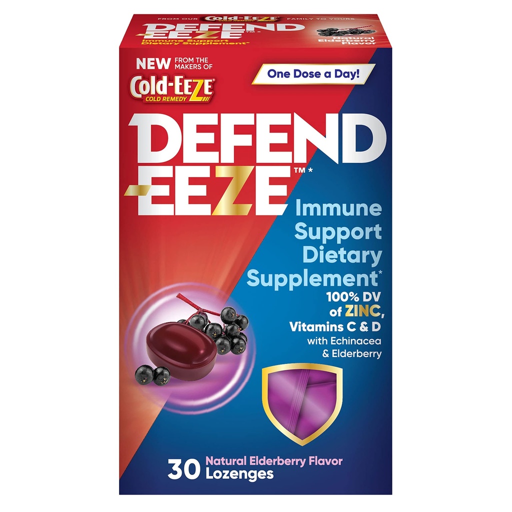 Defend-EEZE Imunska podpora Prehranska dopolnila Lozenges, 100% dnevna vrednost cinka, Vitamini C & D na odmerek, z Echinacea & Elderberry, Elderberry Flavor, 30 Lozenges