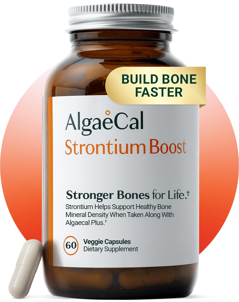 AlgaeCal - Stroncijev boost, naravni kalcij dodatek za povečanje gostote kosti, stroncijev citrat 680 mg, enostaven za požiranje za zdravje kosti in kosti moč, Gluten-free - 60 Veggie Caps- Izdelano v ZDA