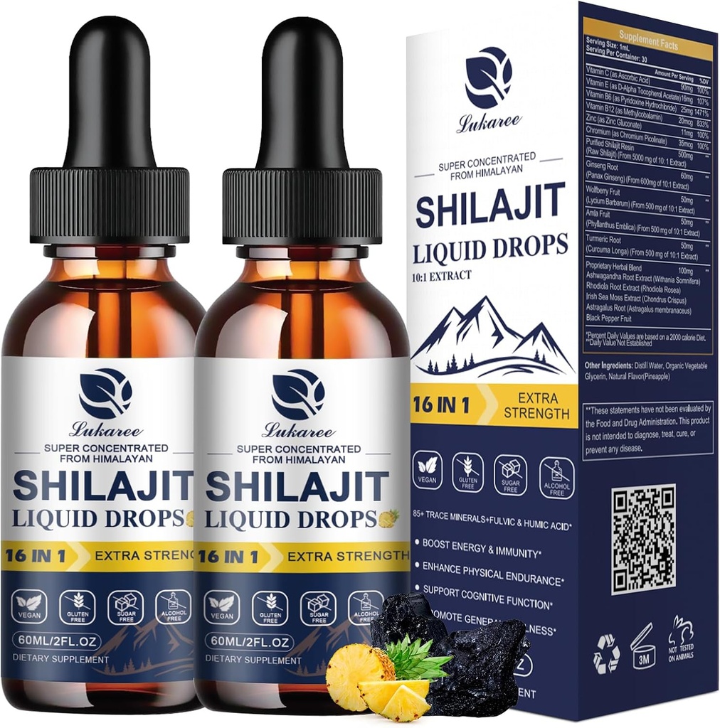 Lukaree 16-in-1 Shilajit Kapljice za moške in ženske, Ashwagandha, Ginseng, Kurkuma, Rhodiola, Amla, Sea Moss, Tekoči vitamin dodatek z 85+ Trace Minerals and Fulvic Acid, 2 FL Oz (2 paket)